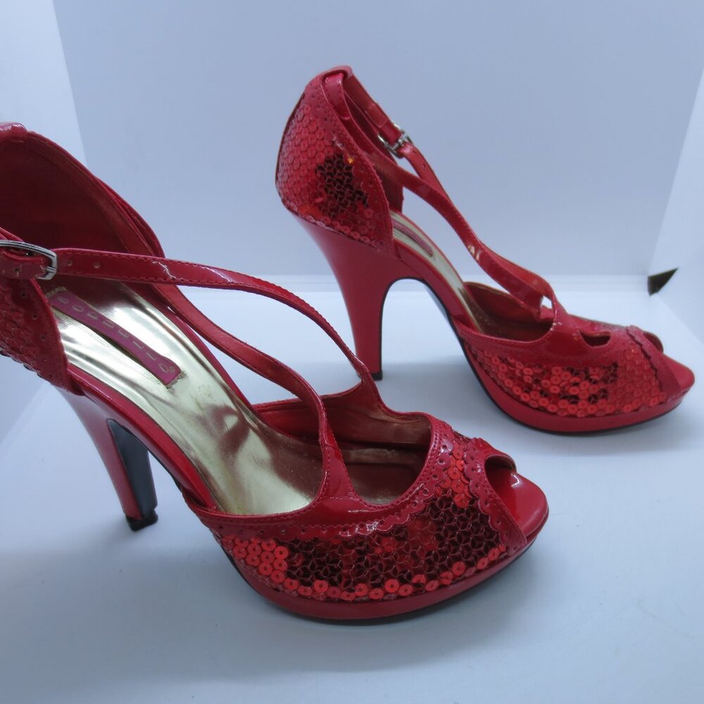 Bordello Red Sequin Women's Open Toe High Heel Shoes - Size: 8
